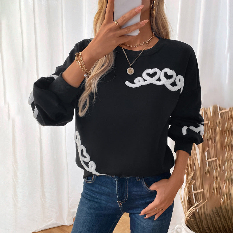 Heart Pattern Round Neck Warm Fleece Sweatshirt For Women