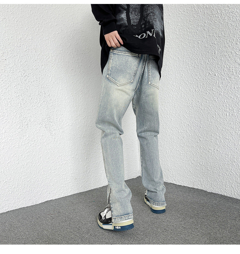 Men's Loose Straight Zipper Design Hong Kong Style Casual Jeans