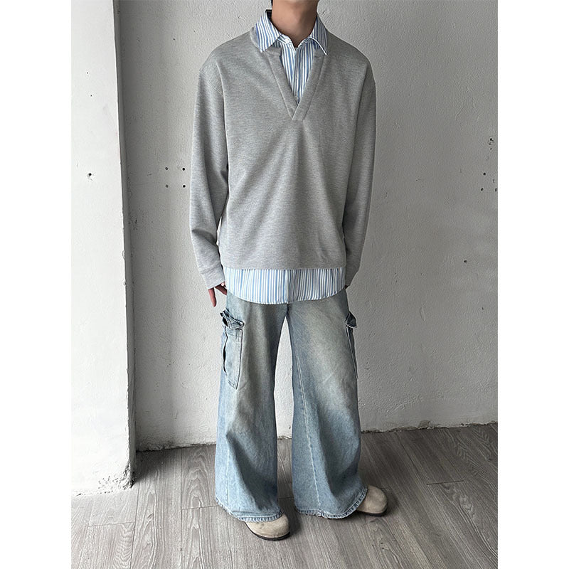 American Retro Loose False Two Pieces Long Sleeve Shirt