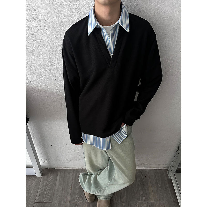 American Retro Loose False Two Pieces Long Sleeve Shirt