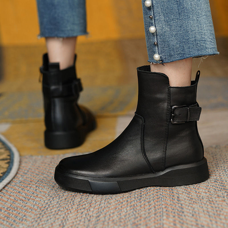 Vintage Shoes Women Ankle Boots With Buckle Side Zipper