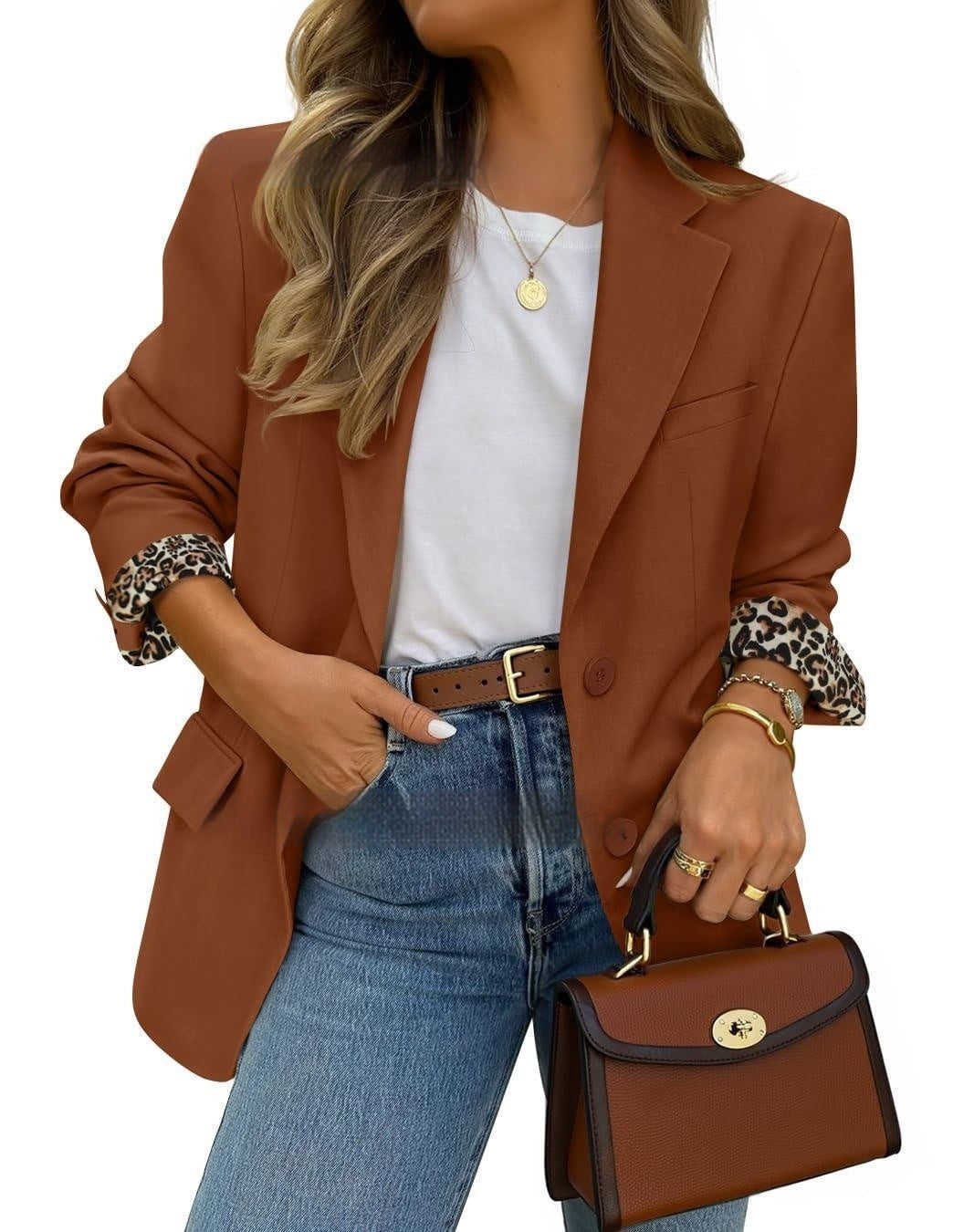 Womens Solid-Color Cuff Contrasting Leopard-Print Lapel Fashion Jacket