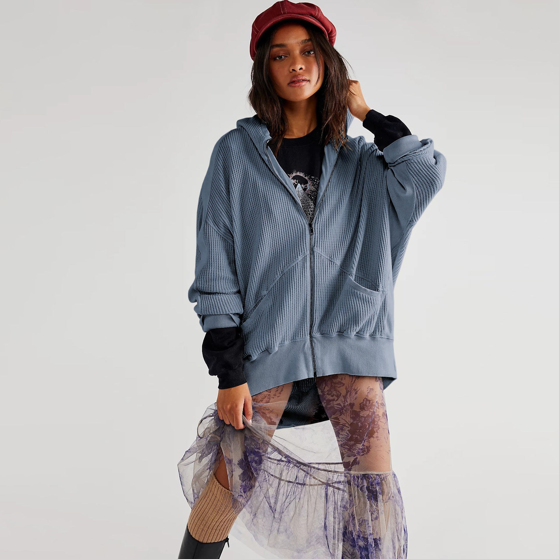 Waffle-knit Cardigan With Zipper Relaxed-fit Women's Hoodie