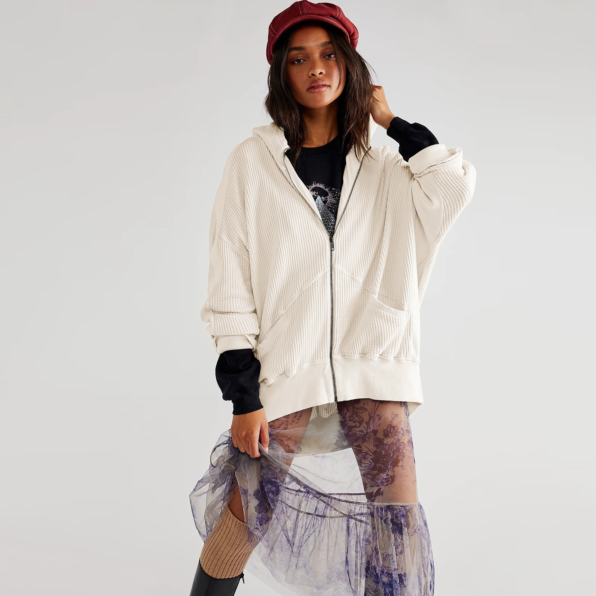 Waffle-knit Cardigan With Zipper Relaxed-fit Women's Hoodie