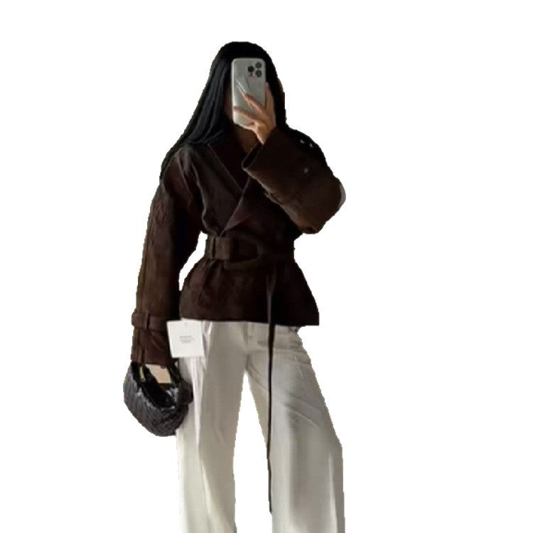 Retro Brown Lace-Up Suede Jacket For Women