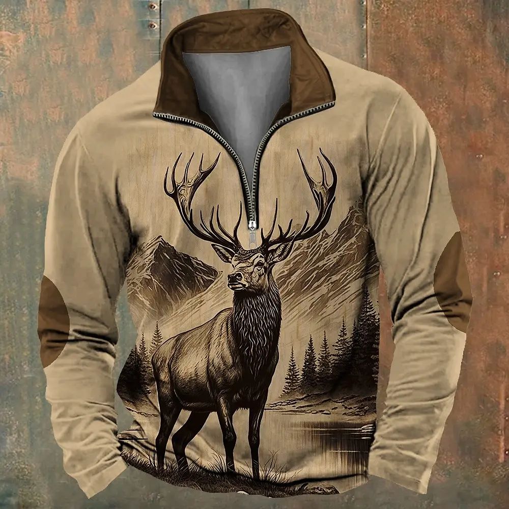Mens Deer-Printed Half-Zip Hoodie