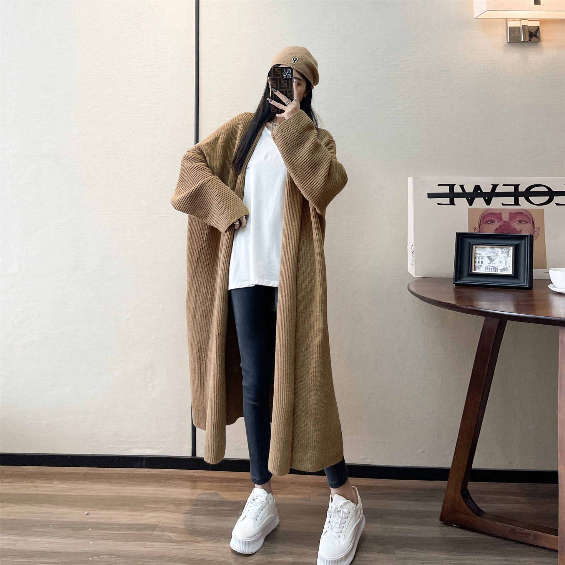 Solid Color Lazy Style Loose Mid-length Sweater Coat Women's Fashion