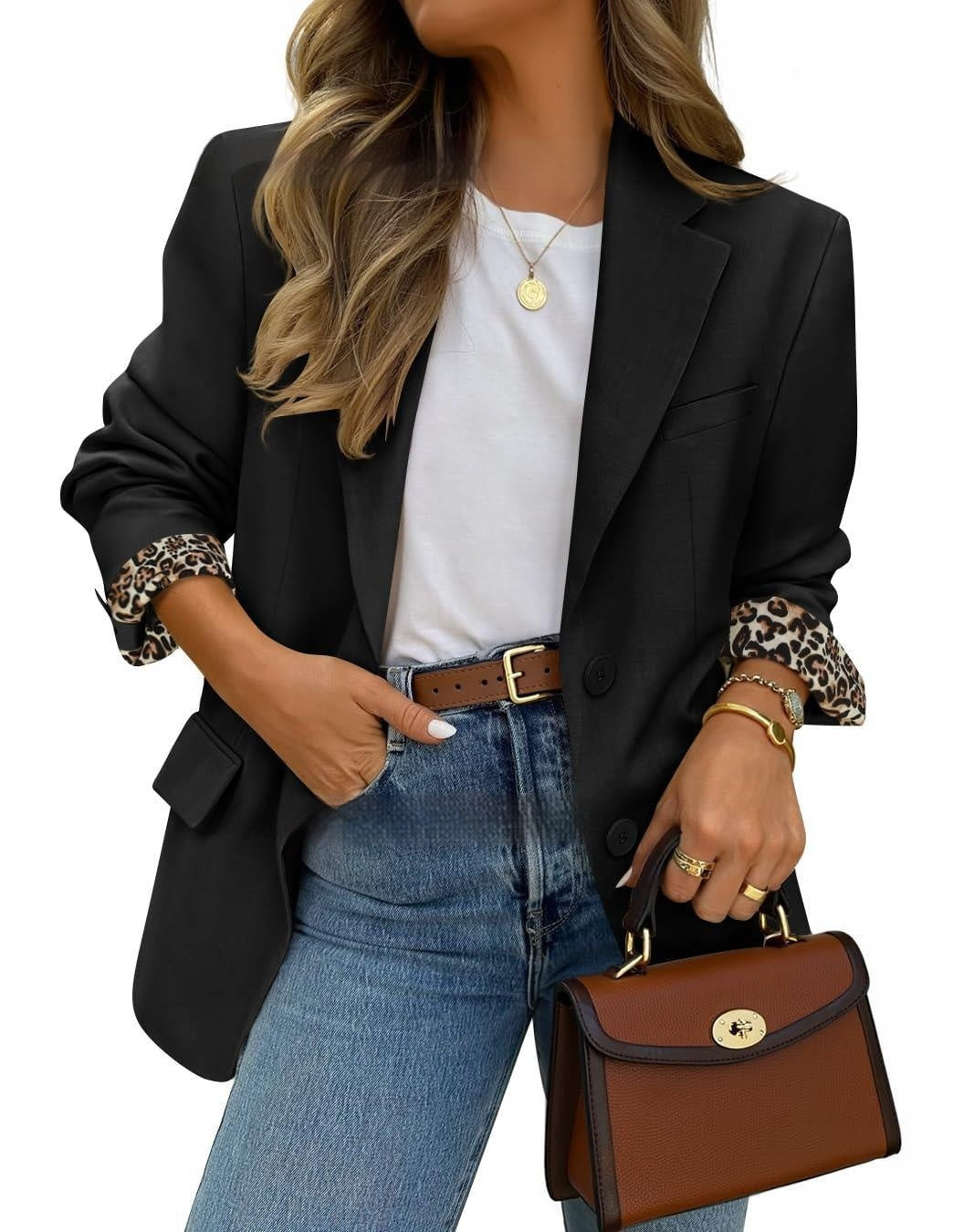 Womens Solid-Color Cuff Contrasting Leopard-Print Lapel Fashion Jacket