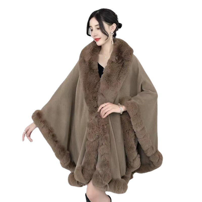 Artificial Rex Rabbit Wool Cape Shawl Women's Oversized Knit Woolen Cardigan Baggy Coat