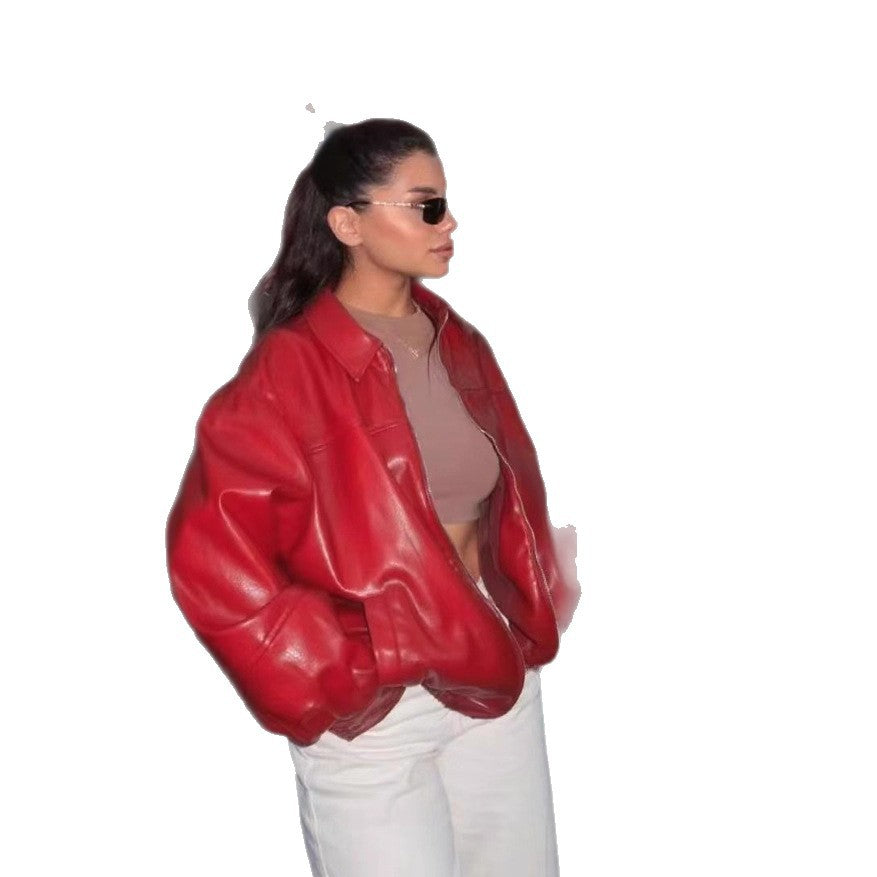 Versatile Faux-leather Bomber Jacket