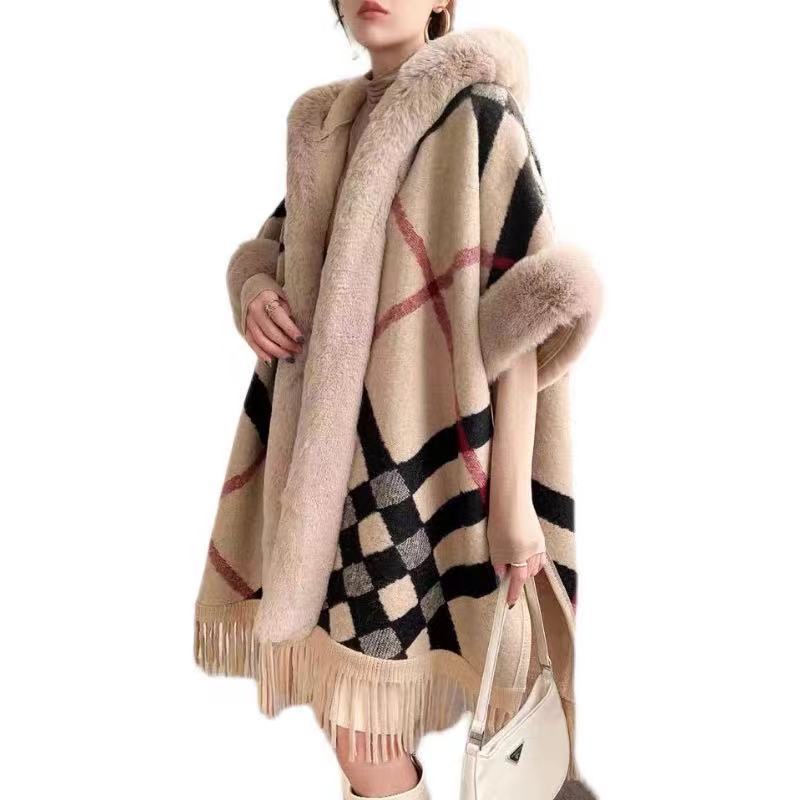 Women's New Loose Plaid And Fleece Collar Knitted Shawl Cape