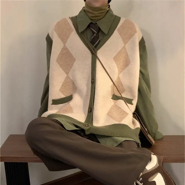 Rhombus V-neck Vest Sweater Men's Cardigan