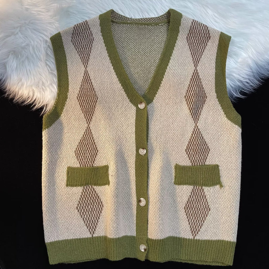 Rhombus V-neck Vest Sweater Men's Cardigan
