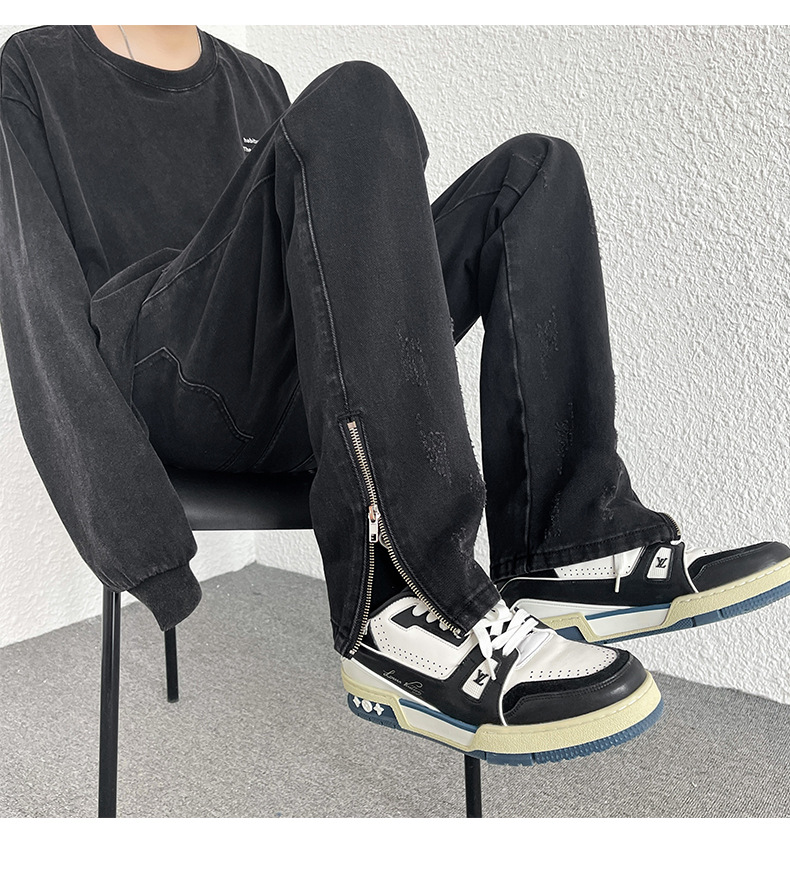 Men's Loose Straight Zipper Design Hong Kong Style Casual Jeans