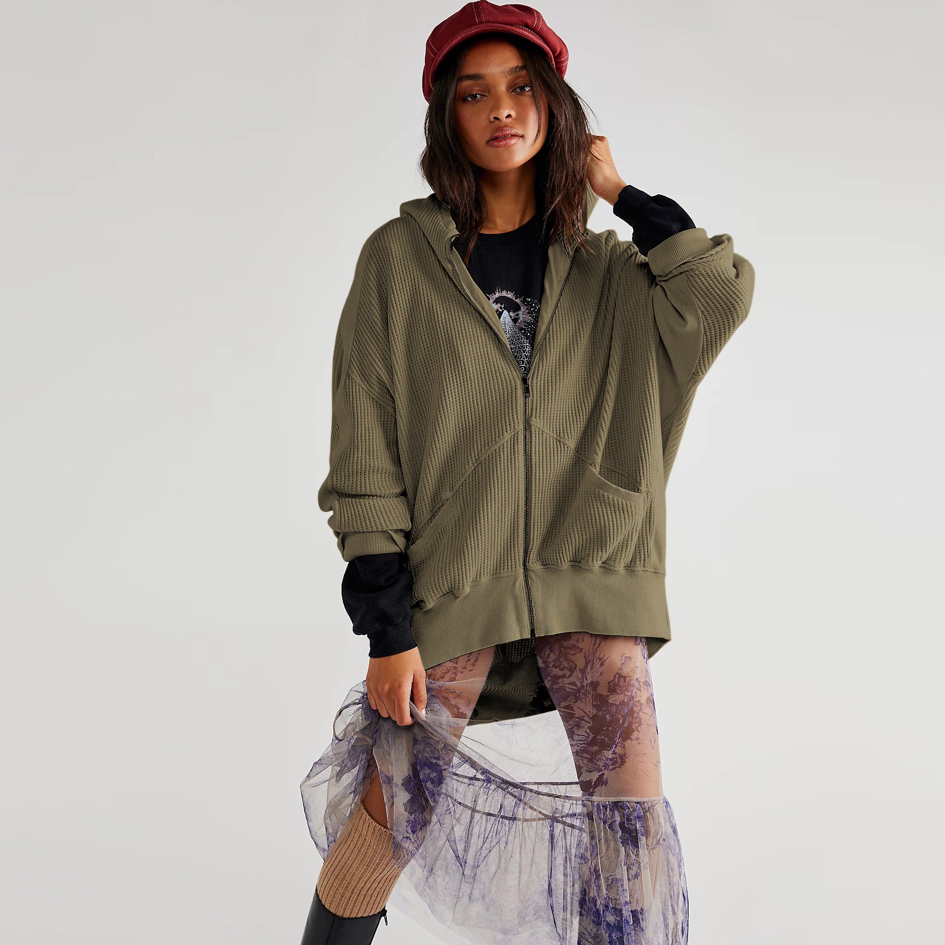 Waffle-knit Cardigan With Zipper Relaxed-fit Women's Hoodie