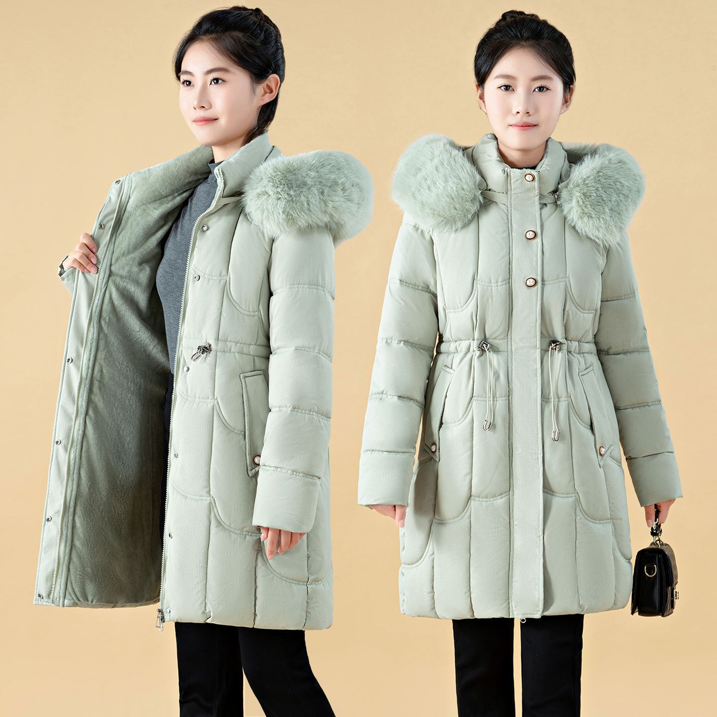 Womens Mid-Length, Loose-Fit Down Padded Jacket