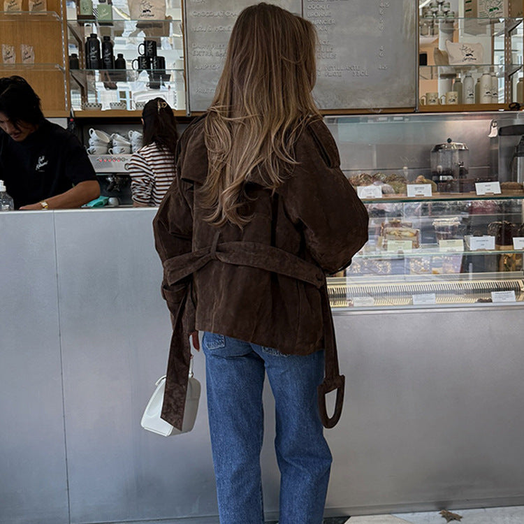 Retro Brown Lace-Up Suede Jacket For Women