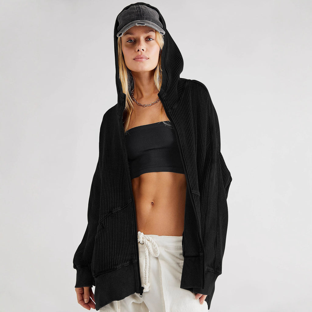 Waffle-knit Cardigan With Zipper Relaxed-fit Women's Hoodie