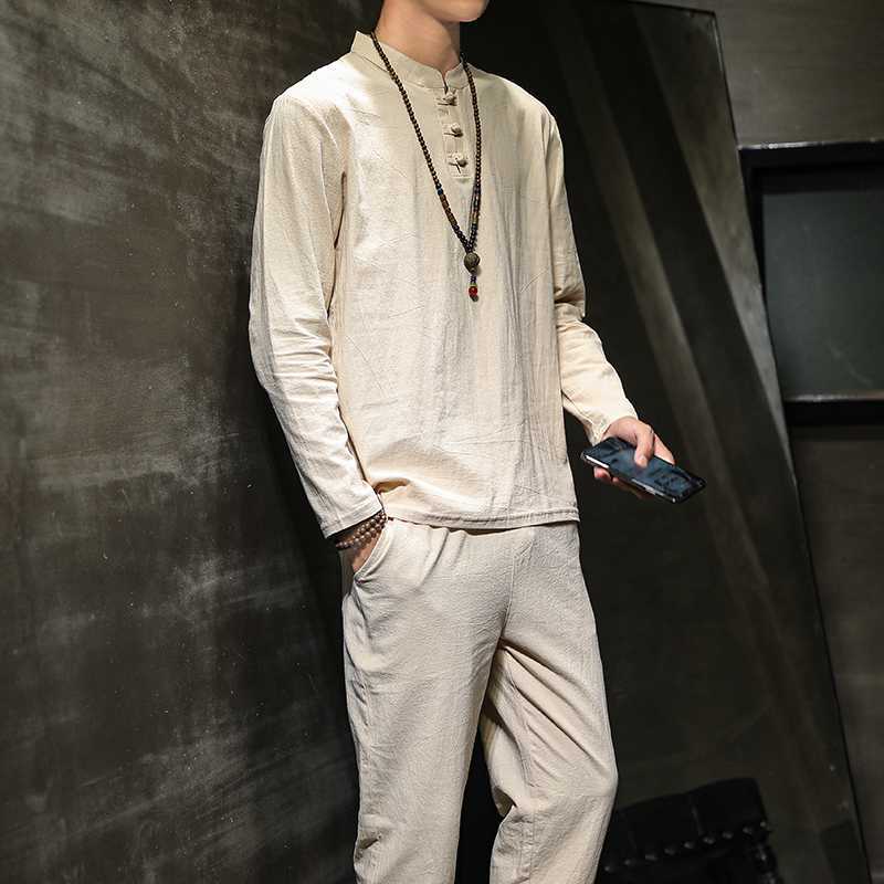 Men's Spring Cotton-Linen Long-Sleeve Top And Pants Set In Tang Suit Style