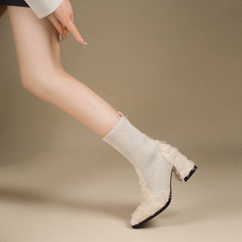 Women's Fringe And Knit Combination Mid-Calf Boots, Boho Chunky Block Heel Ankle Booties, Pointed Toe Slip-On Casual Boots With Raw Cut Edge Detail