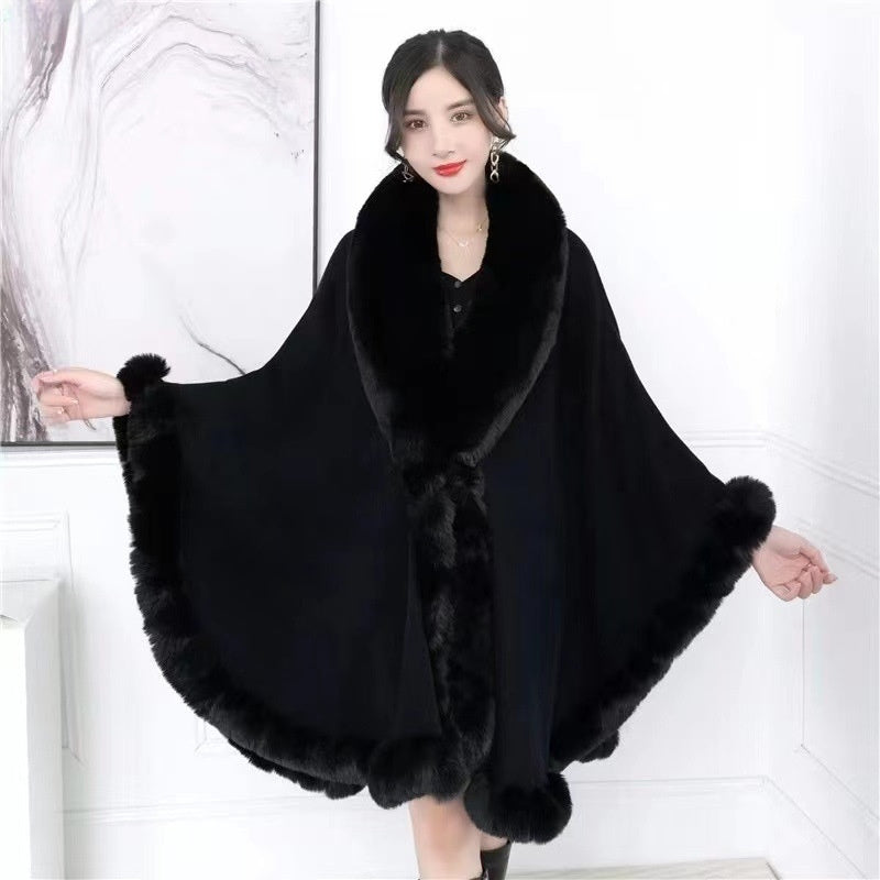 Artificial Rex Rabbit Wool Cape Shawl Women's Oversized Knit Woolen Cardigan Baggy Coat