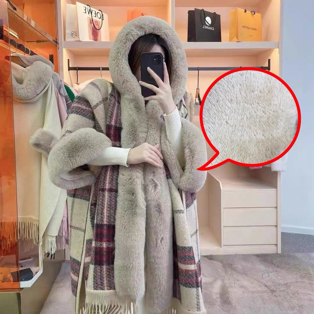 Women's New Loose Plaid And Fleece Collar Knitted Shawl Cape