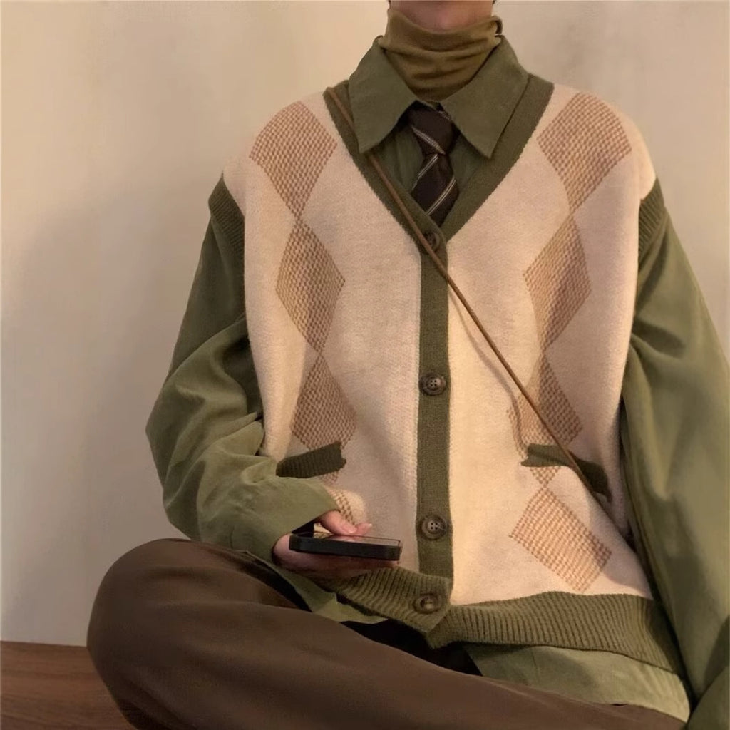 Rhombus V-neck Vest Sweater Men's Cardigan