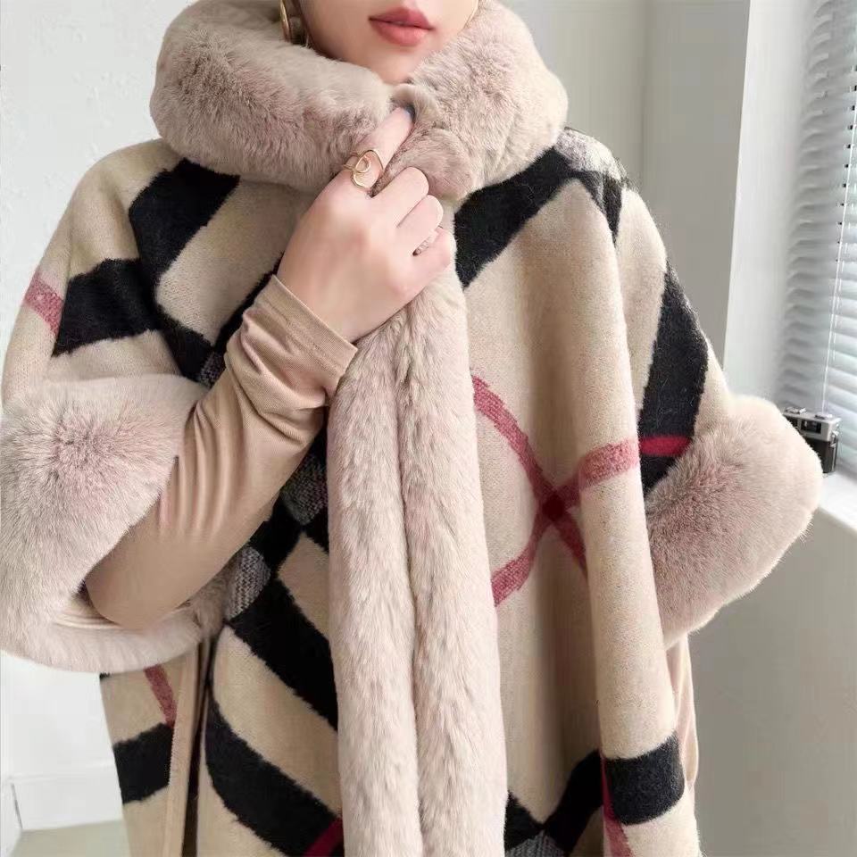 Women's New Loose Plaid And Fleece Collar Knitted Shawl Cape