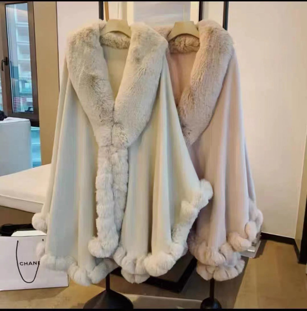 Artificial Rex Rabbit Wool Cape Shawl Women's Oversized Knit Woolen Cardigan Baggy Coat