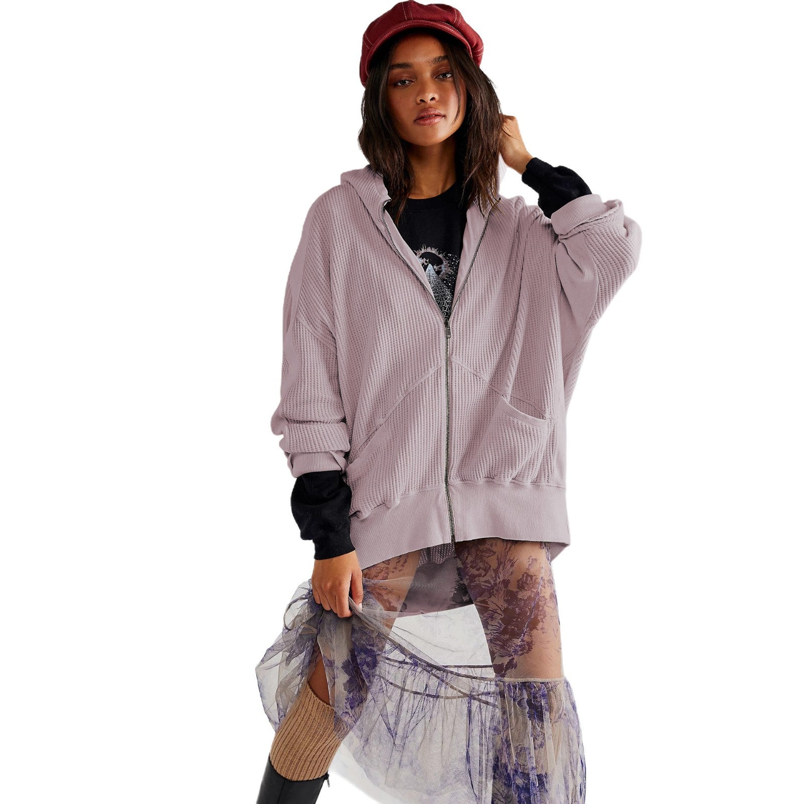 Waffle-knit Cardigan With Zipper Relaxed-fit Women's Hoodie