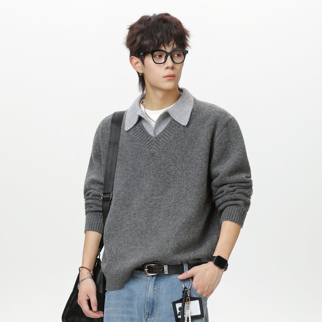 Old-money-style Faux Two-piece V-neck Polo Knit Sweater Jacket