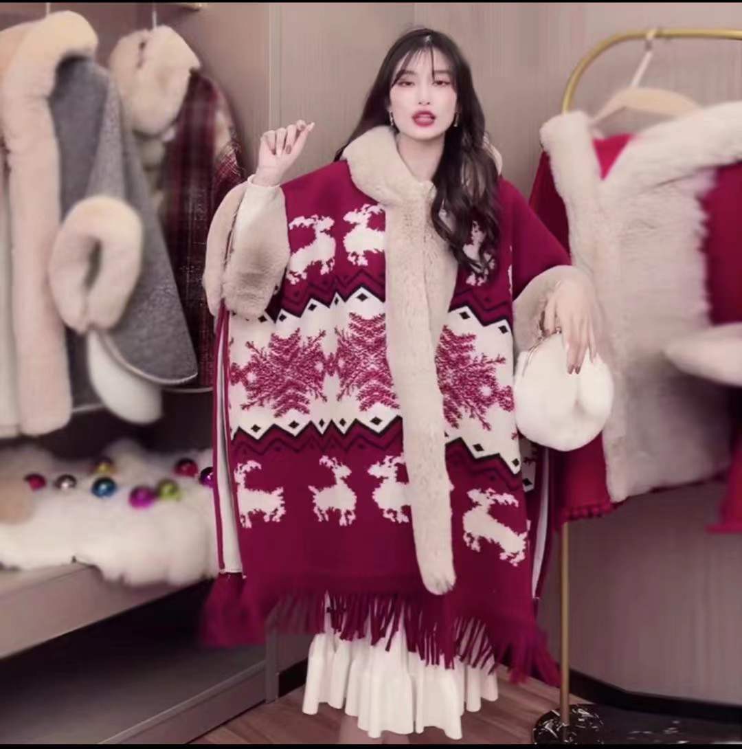 Women's New Loose Plaid And Fleece Collar Knitted Shawl Cape