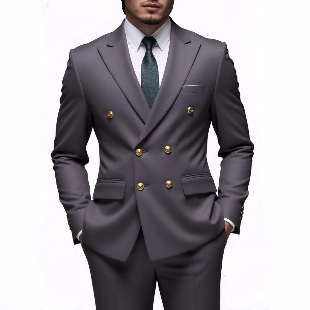 Business Non-Iron Two-Piece Suit With Double-Breasted Gold Buttons