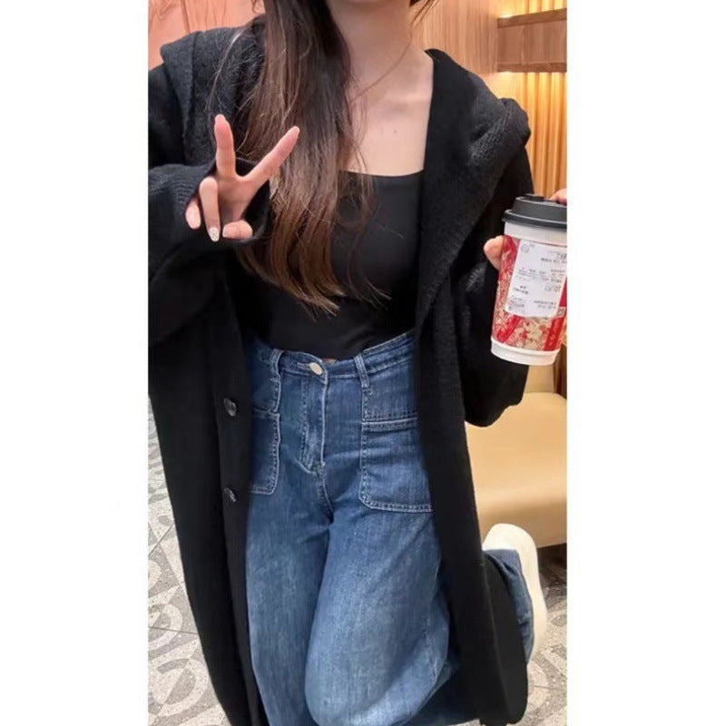 Korean Style Idle Style Hooded Long Below The Knee Knitted Cardigan For Women