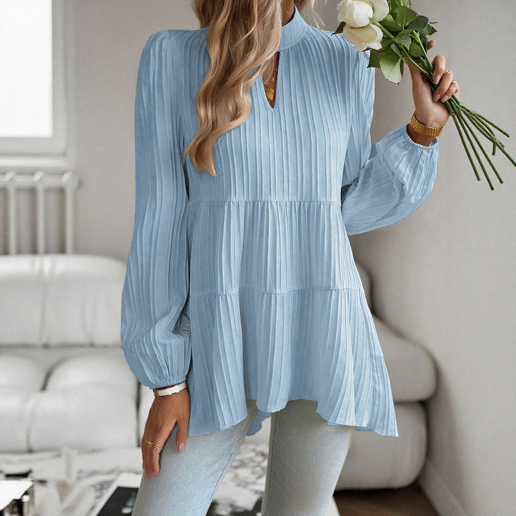 Women's Puff-sleeve A-line Solid-color Long-sleeve Shirt