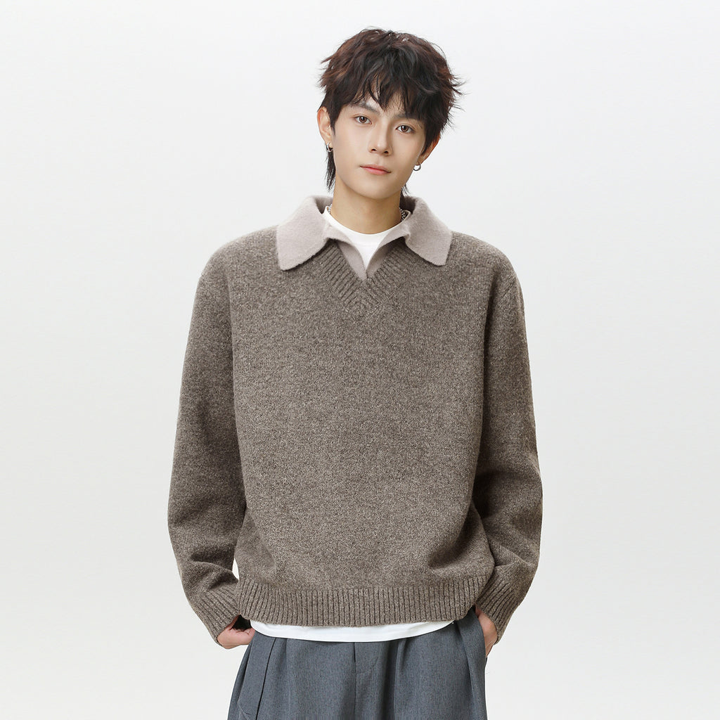 Old-money-style Faux Two-piece V-neck Polo Knit Sweater Jacket