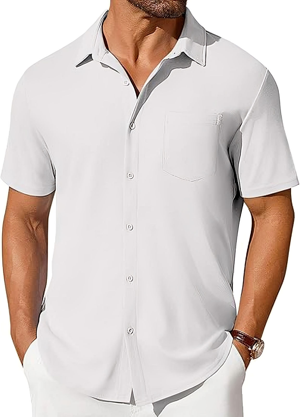 Mens Short-sleeve Button-up Wrinkle- And Crease-resistant Shirt