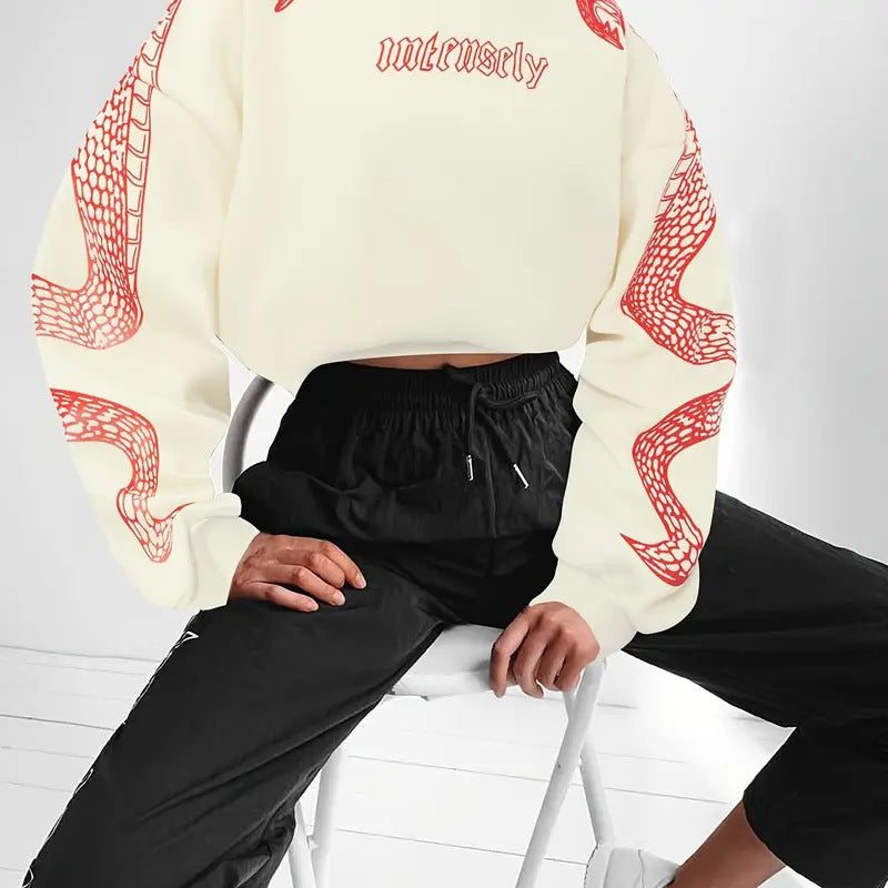 Women's Printed Hooded Pullover Loose-fit Vintage Sweatshirt Top