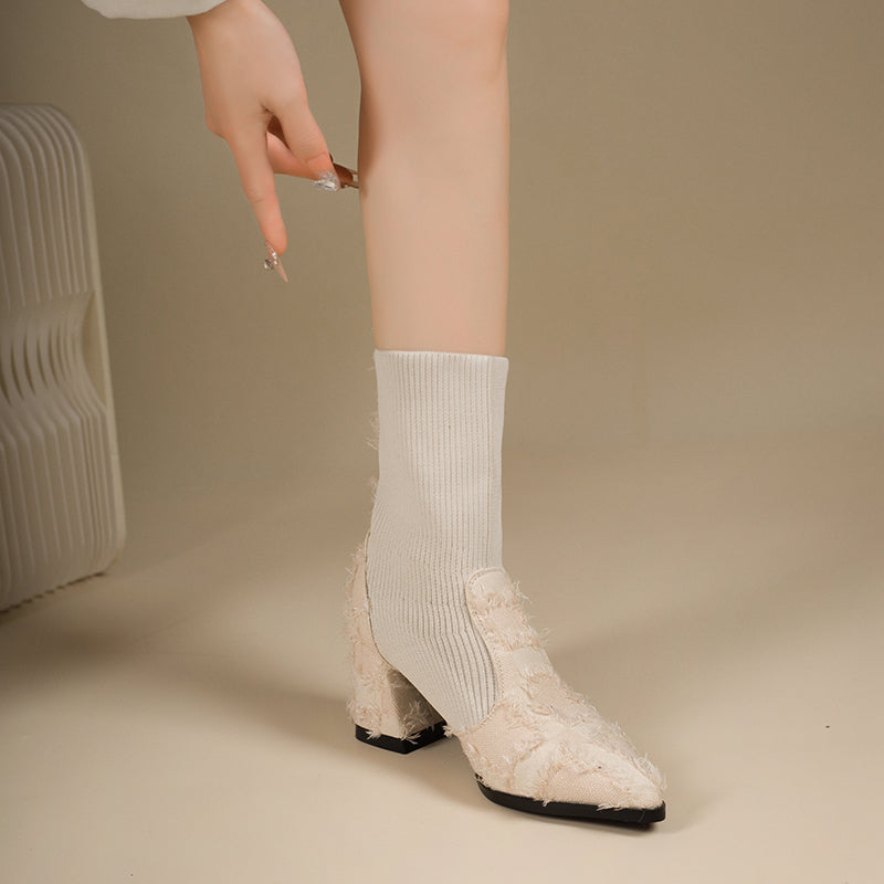 Women's Fringe And Knit Combination Mid-Calf Boots, Boho Chunky Block Heel Ankle Booties, Pointed Toe Slip-On Casual Boots With Raw Cut Edge Detail
