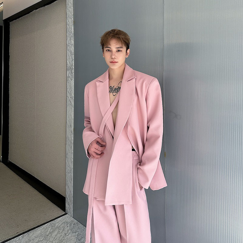 Mens Solid-Colored Casual Tie-Front Suit Wide-Leg Leisure Pants Set
