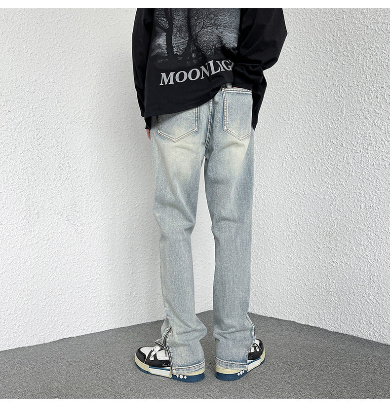Men's Loose Straight Zipper Design Hong Kong Style Casual Jeans
