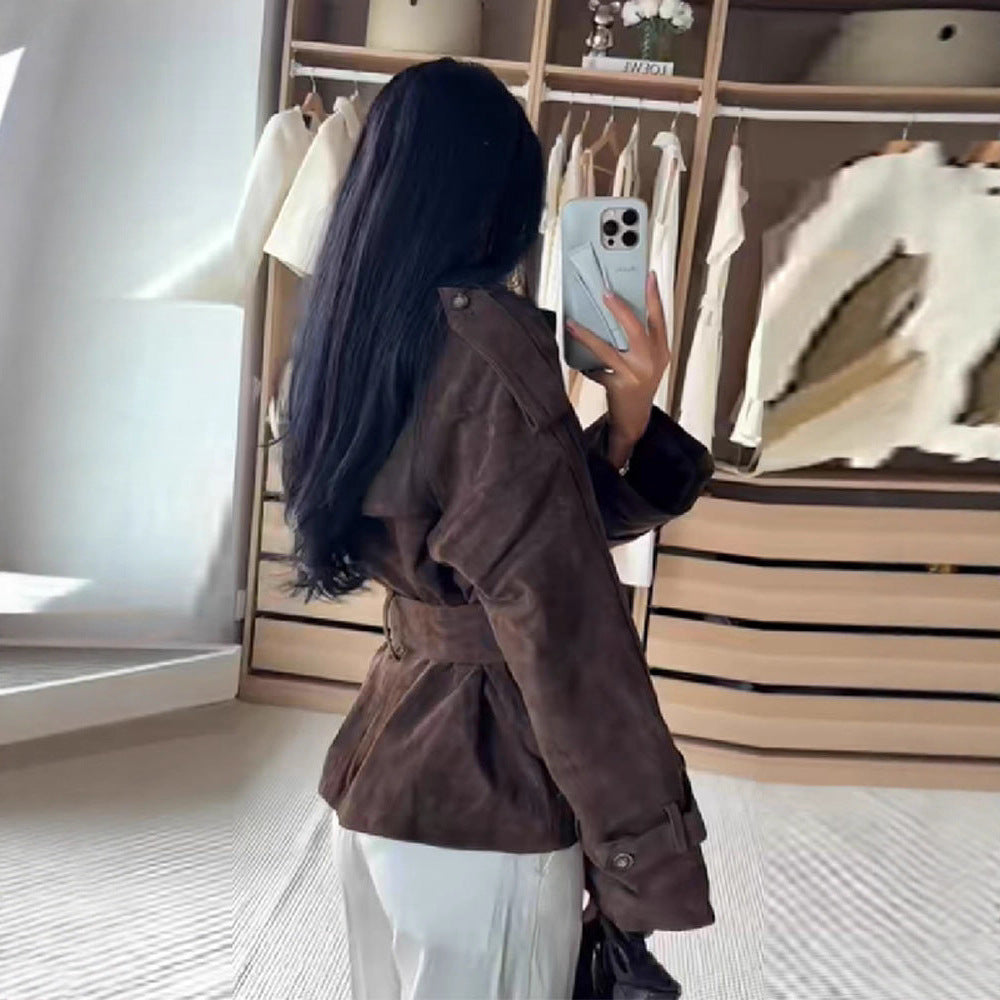 Retro Brown Lace-Up Suede Jacket For Women
