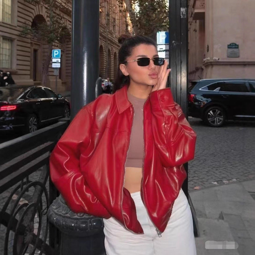 Versatile Faux-leather Bomber Jacket