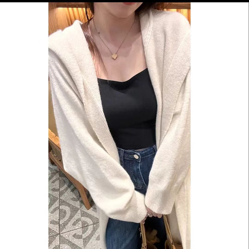 Korean Style Idle Style Hooded Long Below The Knee Knitted Cardigan For Women