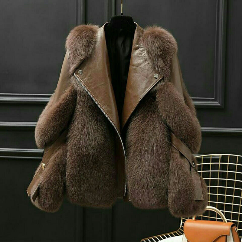 One-piece Fur Motorcycle Coat Long Wool Coat