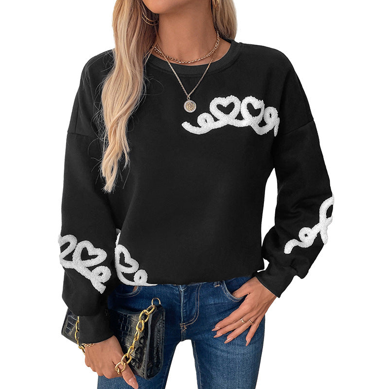 Heart Pattern Round Neck Warm Fleece Sweatshirt For Women