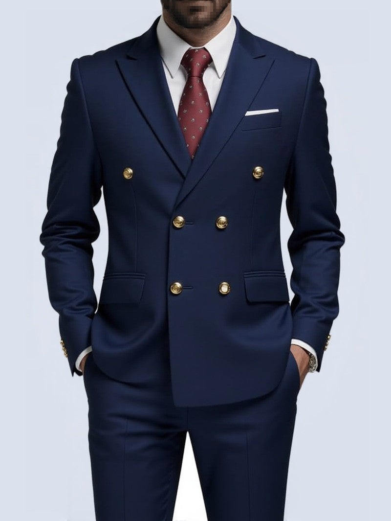 Business Non-Iron Two-Piece Suit With Double-Breasted Gold Buttons