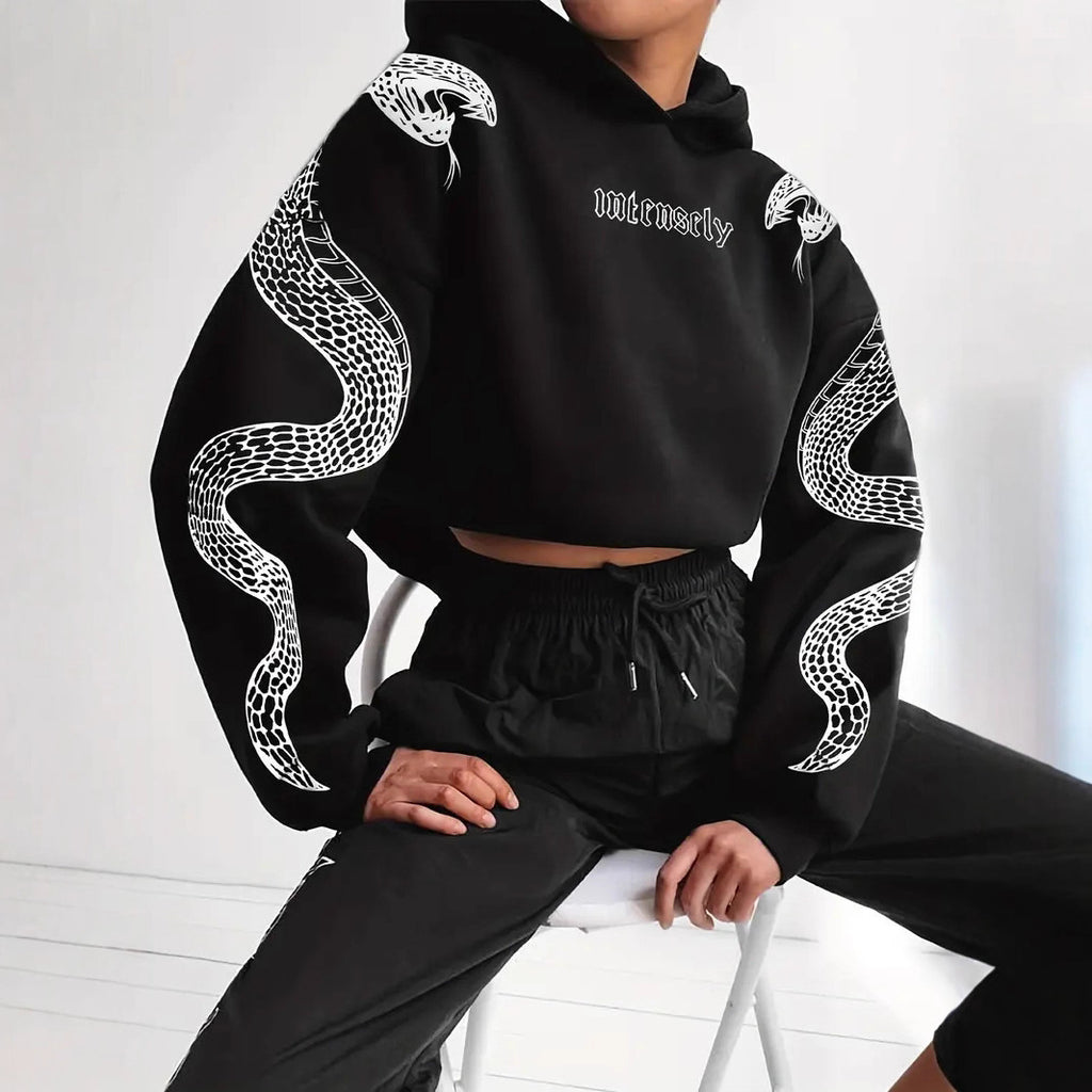 Women's Printed Hooded Pullover Loose-fit Vintage Sweatshirt Top