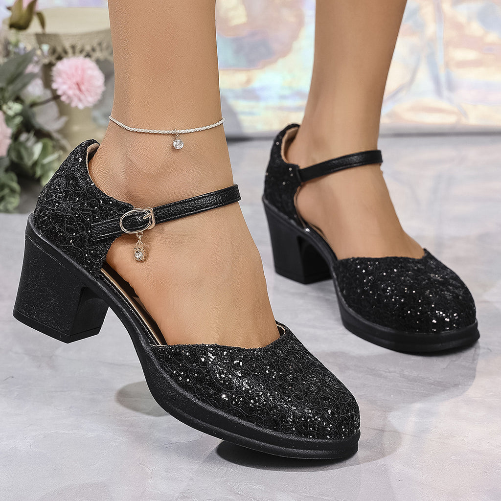 Fashion Round Head Chunky Heel Plus Size Buckle Sandals For Women