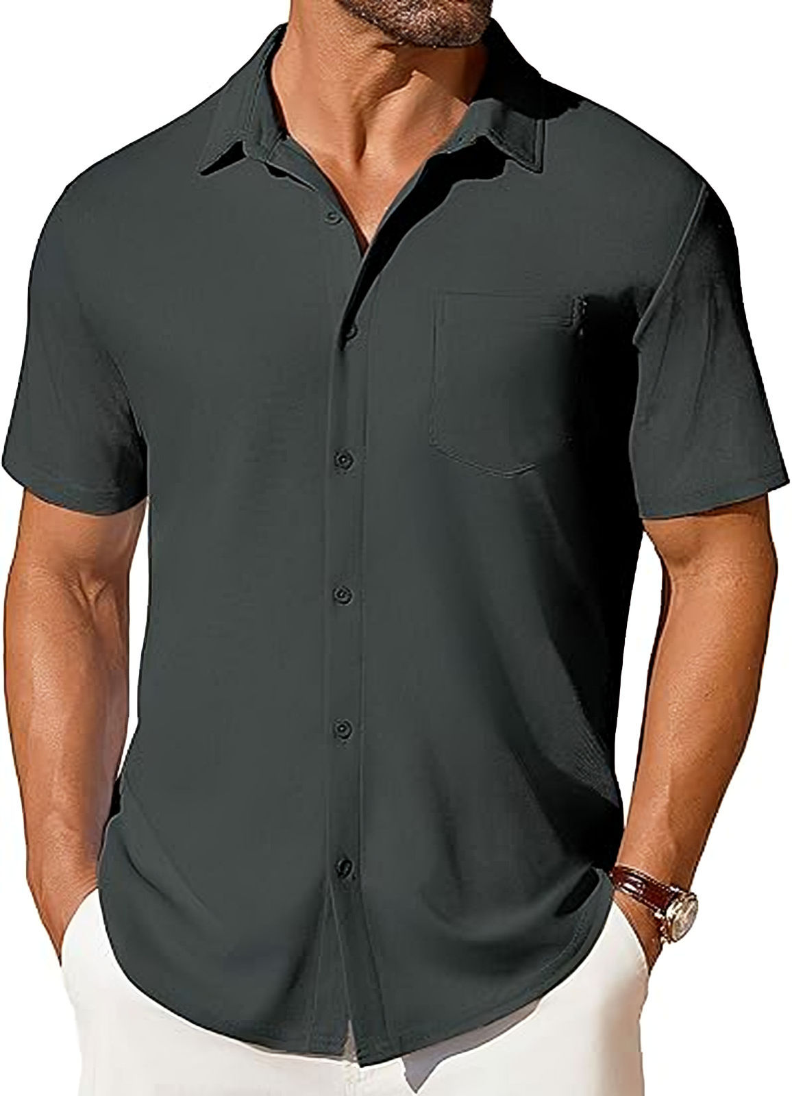 Mens Short-sleeve Button-up Wrinkle- And Crease-resistant Shirt